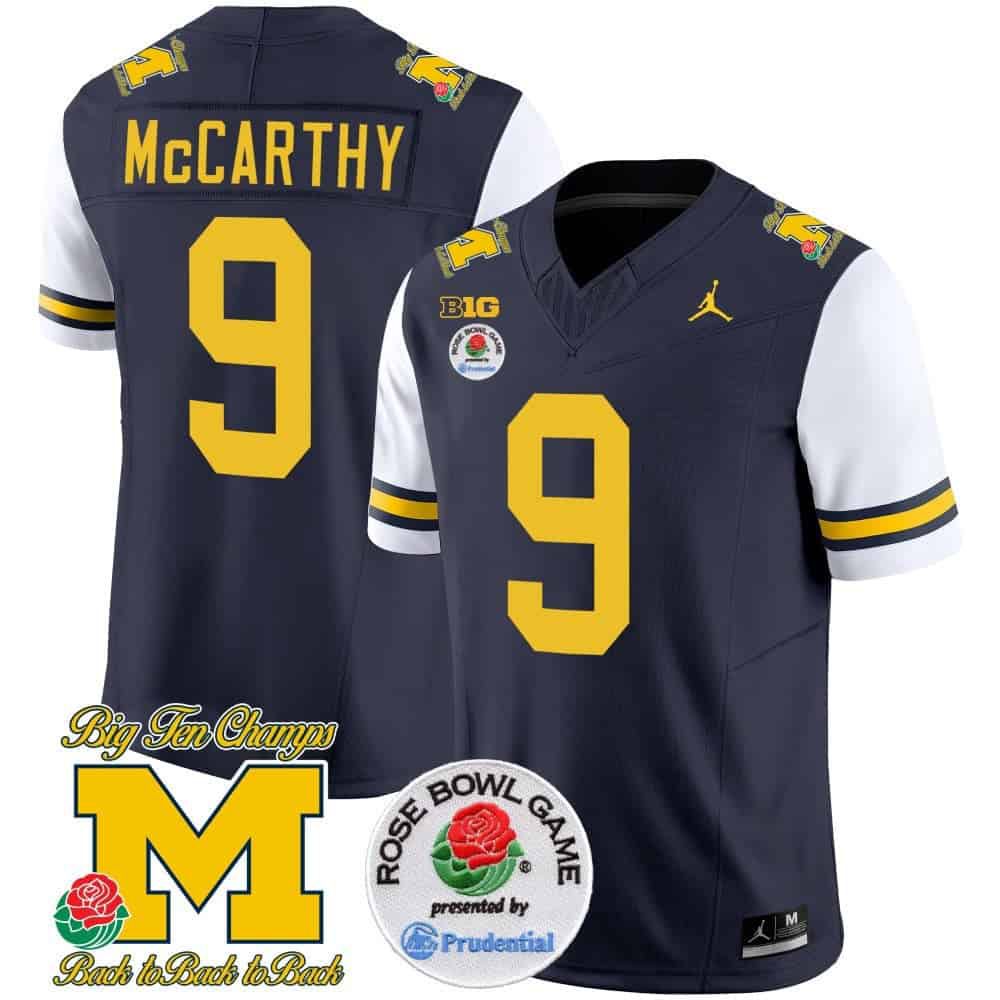 Men Michigan Wolverines #9 Mccarthy Drak Blue 2024 Rose Bowl Patch Vapor Limited NCAA Jersey style 1